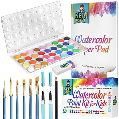 KEFF Watercolor Paint Set for Kids - 36 Water Colors Artist Painting Supplies Kit with Brushes, Refillable Brush Color Pens, Paper Pad, Pencil & - WoodArtSupply