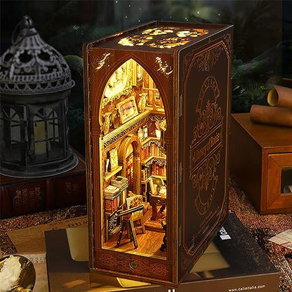 ISSEVE DIY Book Nook Kit, 3D Wooden Puzzle DIY Miniature House Kit for Book Nook Shelf Insert Decoration, Magic Book House Stand Bookshelf Dollhouse