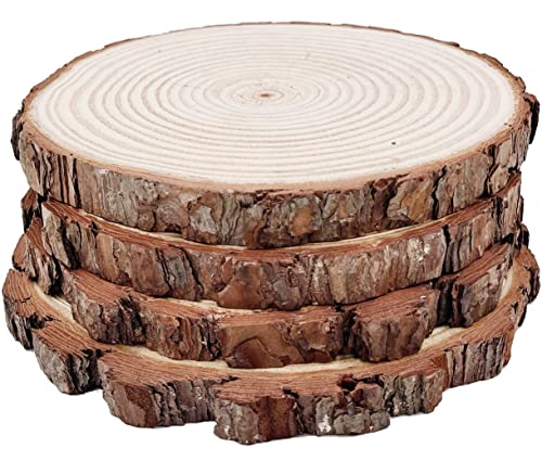 Natural Round Discs Rustic Wood Slices 4 PCS 9-10 inch Unfinished Wood kit Circles Crafts Tree Slices with Bark Log Discs for DIY Arts and Wedding - WoodArtSupply