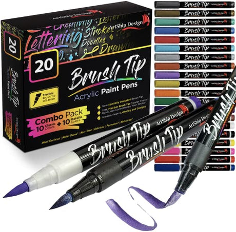 20 Brush Tip Acrylic Paint Pens, Classic and Metallic Color Double Pack, Flexible Tip Brush Paint Markers for Lettering and Creative Painting, Rocks, ArtShip Design