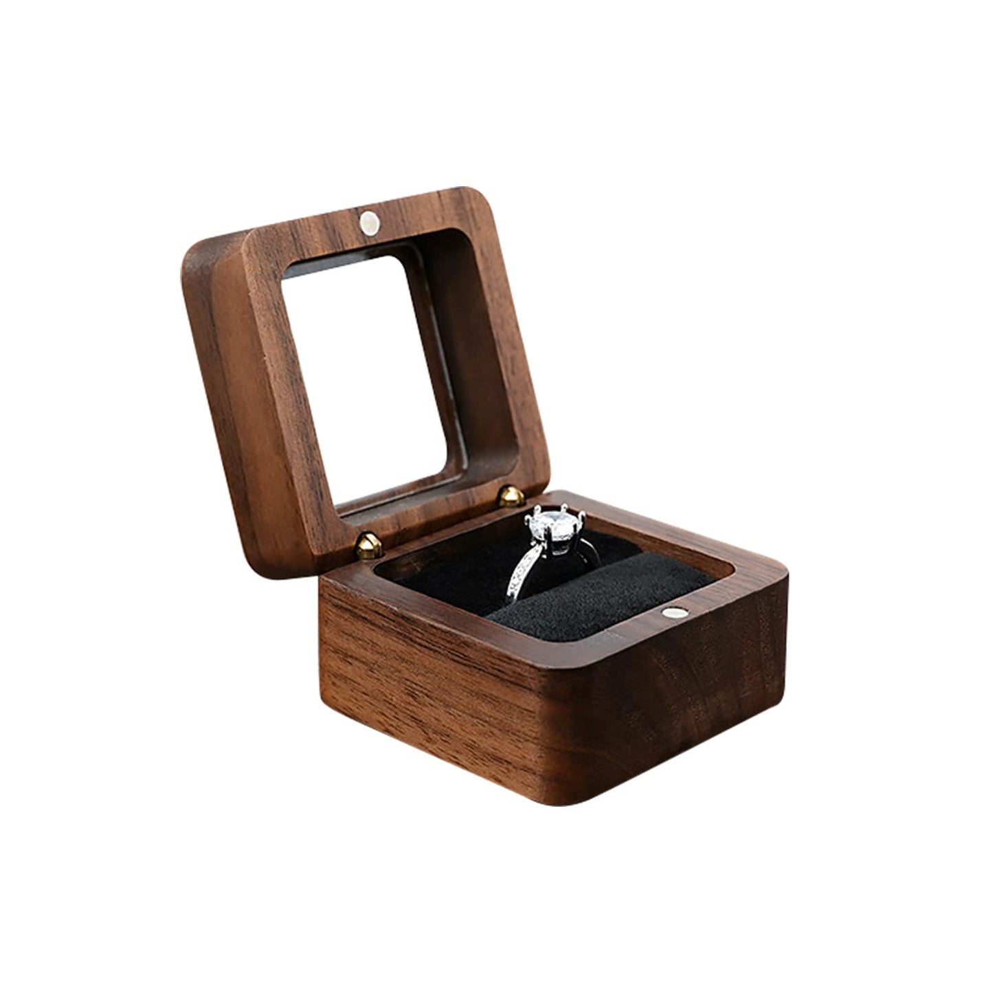 WisePoint Wooden Ring Box, Mini Engagement Ring Holder Box with Transparent Cover, Square Wedding Ring Box with Sponge Slot, Elegant and Retro Ring - WoodArtSupply