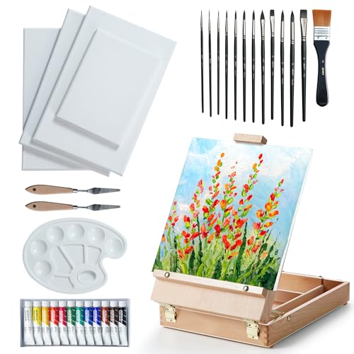 ARTIFY Table Sketch Box Easel Set, Desktop Artist Easel with 12 Colors Acrylic Paints, 13pcs Brushes, 4 Canvas Boards, Plastic Palette and 2 pcs ARTIFY art supplies