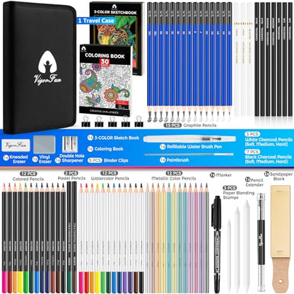 82 PCS Drawing Set Sketching Kit, Pro Art Supplies with 5 Blinder Clips, 3-Color Sketch Pad, Coloring Book, Colored, Graphite, Charcoal, Watercolor,