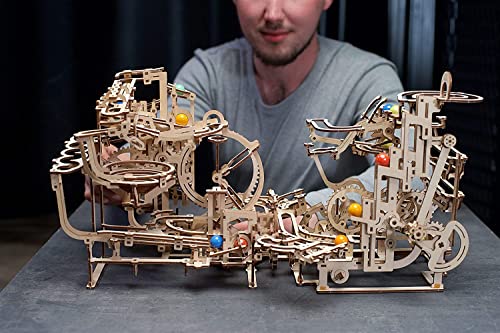 UGEARS Marble Run Tiered Hoist - Wooden Marble Run Kit with 10 Colored Marbles - 3D Puzzles for Adults and Kids - Amusement Park Wood Marble Track 3D UGEARS