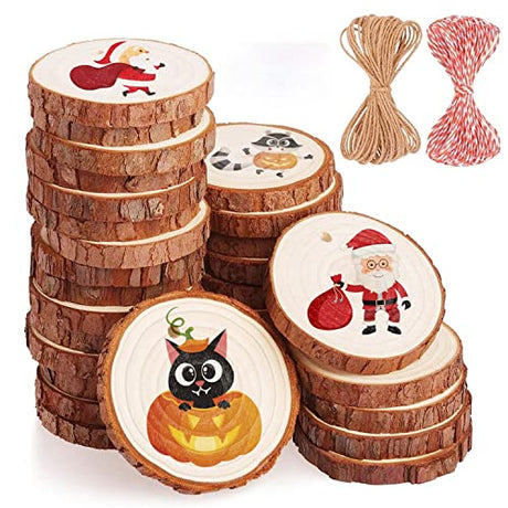 Natural Wood Slices 32 Pcs 2.75-3.14 Inches Unfinished Craft Wood kit Predrilled with Hole Wooden Circles Tree Slices for Arts and DIY Crafts MSDADA