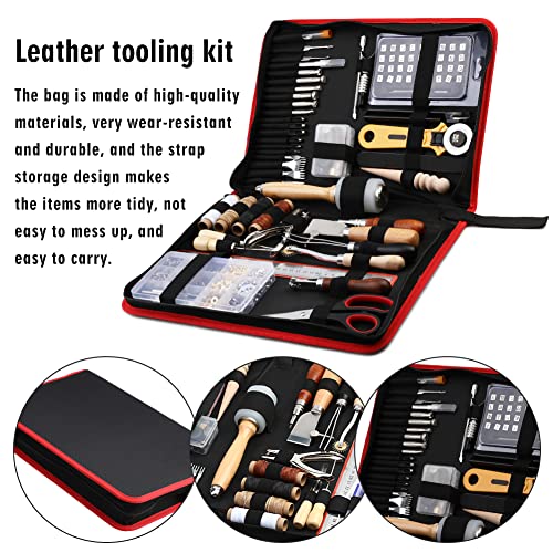TLKKUE Leather Working Kit, Leather Working Tools for Beginners, Leather Crafting Tools and Supplies with Storage Bag Sewing Carving Punching Cutting TLKKUE