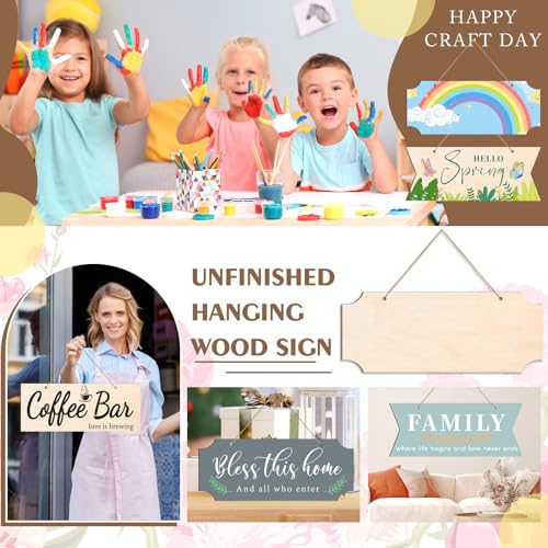 10 PCS Unfinished Wood Crafts Blanks Rectangle Hanging Wood Sign Plaque Wooden Slices Banners with Ropes for Pyrography Painting Writing DIY Home