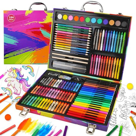 Cokiki Art Supplies, 184-Piece Drawing Art Set, Gift Art Kit Case with Colored Pencils,Crayons,Oil Pastels,Watercolor Paint Set,Creative Gift for Cokiki