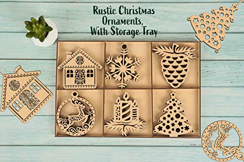 Inkdotpot 18pcs Wooden Christmas Ornaments, Unfinished Wooden Laser Cutouts Snowflakes/Tree Shaped Embellishments Hanging Ornament for Christmas Inkdotpot
