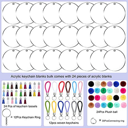 AUHOKY 126Pcs Acrylic Keychain Blanks with Tassels Kit Bulk, Various Shapes Transparent Acrylic Key Chain Embryo Accessories, Snap Hooks Braided Key - WoodArtSupply