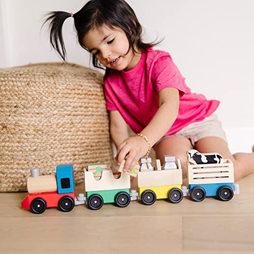 Melissa & Doug Wooden Farm Train Set - Classic Wooden Toy (3 linking cars) - WoodArtSupply