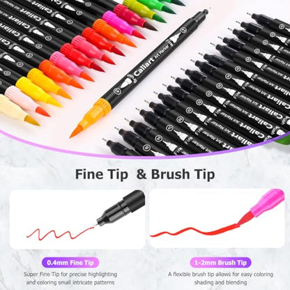 Caliart 34 Double Tip Brush Pens Art Markers, Artist Fine & Brush Pen Coloring Markers for Kids Adult Book Halloween Journaling Note Taking Lettering