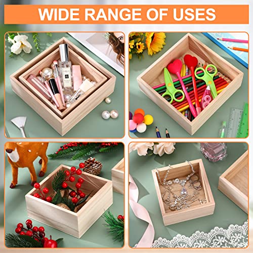 16 Pcs Unfinished Wooden Boxes 4 Size Wood Box Rustic Wooden Boxes for Crafts Wooden Crates Square Storage Centerpiece Boxes for Table Home Drawer