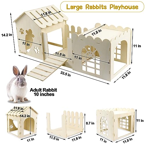 Large Rabbit Wooden Castle Hideout, Multi-Chamber Small Animal Wooden House Cage, Bunny Playhouse Habitat Decor Tunnel for Dwarf Rabbit Guinea Pig Teabelle