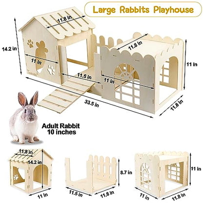 Large Rabbit Wooden Castle Hideout, Multi-Chamber Small Animal Wooden House Cage, Bunny Playhouse Habitat Decor Tunnel for Dwarf Rabbit Guinea Pig - WoodArtSupply