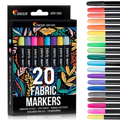 Zenacolor 20 Fabric Markers Pens Set - Non Toxic, Indelible and Permanent Fabric Paint Fine Point Textile Marker Pens