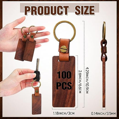 Sasylvia 100 Packs Wooden Keychain Blanks Leather Strap Keychain Blanks Wood Keychain Rectangle Walnut Blank Wooden Keychain Wood Tags Unfinished