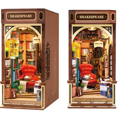 Rolife Book Nook Kit Wooden 3D Puzzle Bookcase 8.6" Vintage Bookstore House Miniature Kit with LED Decorative Bookends Wood Craft Hobby Gift for Rolife