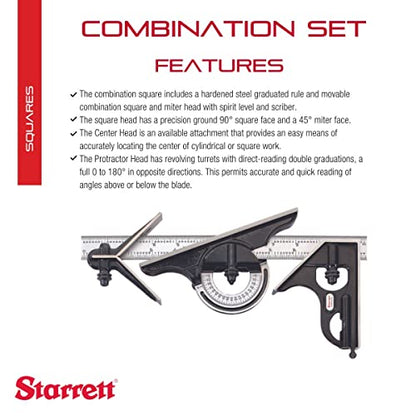 Starrett Combination Set with Square, Center and Reversible Protractor Head and Blade - 12" Blade Length, Cast Iron Heads, Hardened Steel, 4R - WoodArtSupply