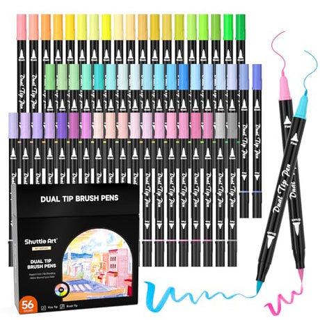 Shuttle Art 56 Pastel Colors Dual Brush Pen Art Markers, Fine and Brush Tip Markers perfect for Kids Adult Artist Coloring Books Calligraphy Hand Shuttle Art