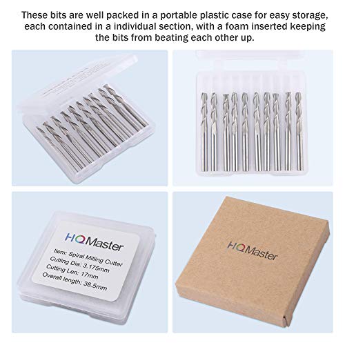 HQMaster CNC Router Bits 1/8" Shank CNC Bit End Mill Flat Nose Carbide Endmill Two Flute Spiral Upcut Milling Cutter Tool Set for Wood PVC MDF HQMaster