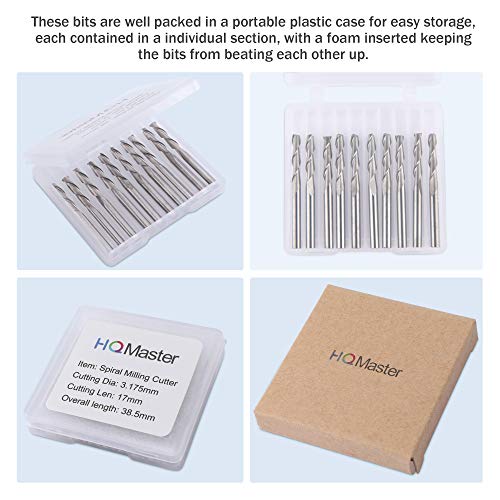 HQMaster CNC Router Bits 1/8" Shank CNC Bit End Mill Flat Nose Carbide Endmill Two Flute Spiral Upcut Milling Cutter Tool Set for Wood PVC MDF