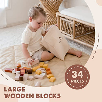 Tiny Land Large Wooden Building Blocks for Toddlers 1-3, Toddler Blocks Toys with Storage Bag, Innovative Shapes & Variety Colors to Build More