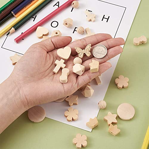 Beadthoven 100pcs 10 Shapes Natural Unfinished Wood Spacer Beads Assorted Wooden Loose Beads for DIY Jewelry Making Bracelet Keychain Home Favor BB Beadthoven