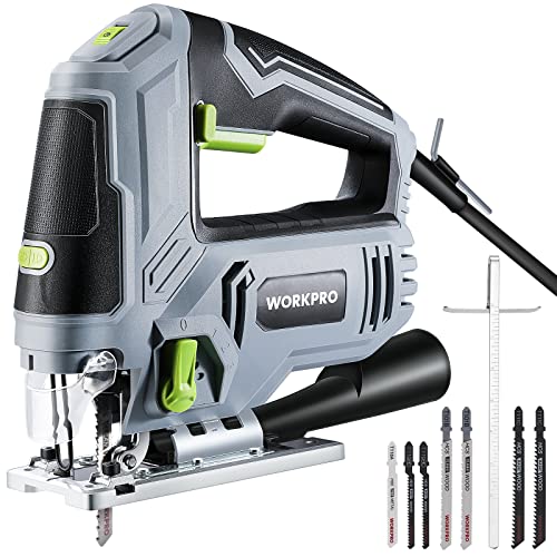 WORKPRO Jigsaw, 6.5AMP 850W Corded Electric Jig Saw Tool Kit with 6 Variable Speeds, 7 Blades, ±45° Bevel Cutting, LED Light, 3000 SPM, 4 Orbital WORKPRO