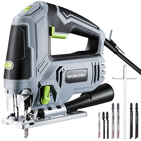 WORKPRO Jigsaw, 6.5AMP 850W Corded Electric Jig Saw Tool Kit with 6 Variable Speeds, 7 Blades, ±45° Bevel Cutting, LED Light, 3000 SPM, 4 Orbital WORKPRO