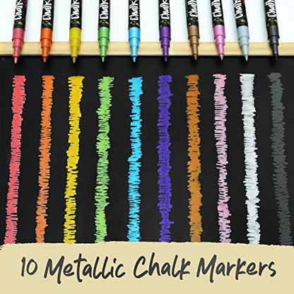 Extra Fine Tip Metallic Chalk Markers (10 Pack, 1mm) Liquid Chalk Pens - For Blackboards, Chalkboard, Bistro Menu, Window - Wet Wipe Erasable - WoodArtSupply