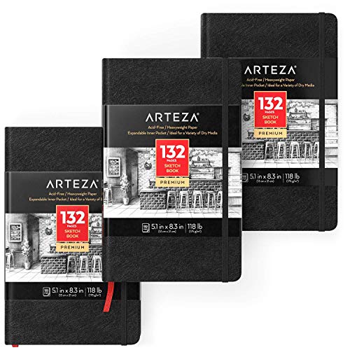 Arteza Small Sketch Book 3-Pack, 5.1x8.3 inch Sketch Pads, 100 Pages per Drawing Book, 118lb 175gsm, Hardcover Drawing Pad, Bookmark Ribbon, ARTEZA