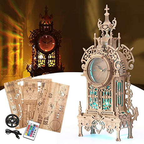FUNPOLA 3D Wood Puzzle LED Tower Clock Model, 3D Puzzle Building Model Desktop Clock Model DIY Architectural Building Blocks (LED-TC01 Wood) FUNPOLA