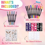 Temporary Tattoo Markers for Skin,15PCS Dual-Ended Tattoo Pen + 50 Paint Stencils + 43 Tattoos Stickers,Glitter & Matte & Neon Glow Body Marker Set, SUSIKEKI