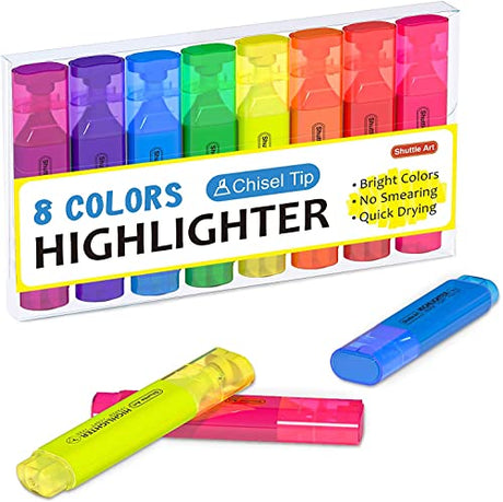 Shuttle Art Highlighters, 8 Assorted Colors Highlighter Pens, Chisel Tip Dry-Quickly Non-Toxic Highlighter Markers for Adults Kids Highlighting on Shuttle Art