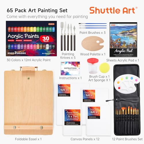 65 Pack Acrylic Paint Set, Shuttle Art Acrylic Painting Set with Wooden Easel, 30 Colors Acrylic Paint, Painting Canvas, Paint Brushes, Palettes, Art Shuttle Art