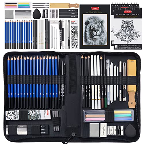 PANDAFLY 60 Pack Drawing Sketching Pencil Set, Pro Art Sketch Supplies with 3-Color Sketchbook, Graphite, Charcoal Pencil, Ideal for Shading, - WoodArtSupply