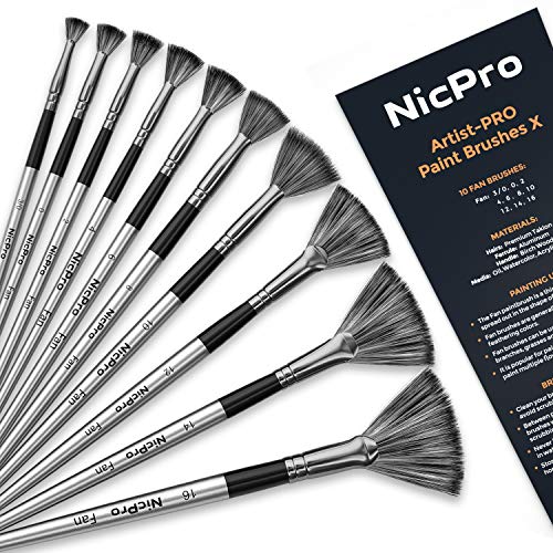 Nicpro Fan Paint Brushes 10 PCS Artist Painting Brush Set Soft Anti-Shedding Nylon Hair Wood Short Handle for Acrylic Watercolor Oil Painting Nicpro