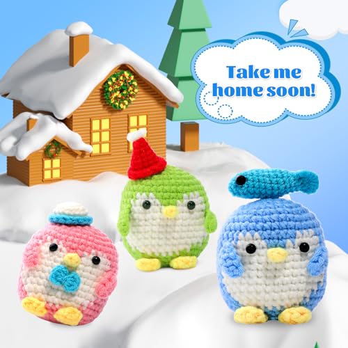 UOOU 3 Pack Crochet Kit, Penguin Crochet Kit for Beginners with Easy Yarn, Step-by-Step Video Tutorials, Complete Crochet Animal Kit, Knitting Kit UOOU