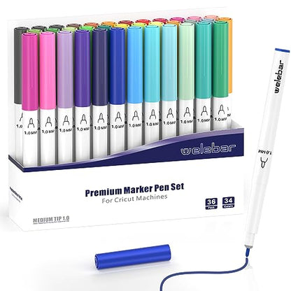 welebar 1.0 Tip Pen Set for Cricut Maker 3/Maker/Explore 3/Air 2/Air, Premium Marker Pen Set of 36 Pack Medium Point Pens for Drawing, Writing,