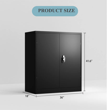 Metal Storage Cabinet with Doors and Shelves, Black Garage Cabinets, Steel Locking Storage Cabinet for Home Office Warehouse, 42”H×36”W×18”D Zacis