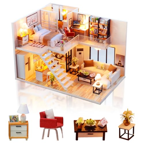 DIY Miniature Dollhouse Kit, Tiny House Model Kit with Music Box & LED Light & Dust Proof Cover, 3D Wooden Puzzle for Adults, Creative Handmade