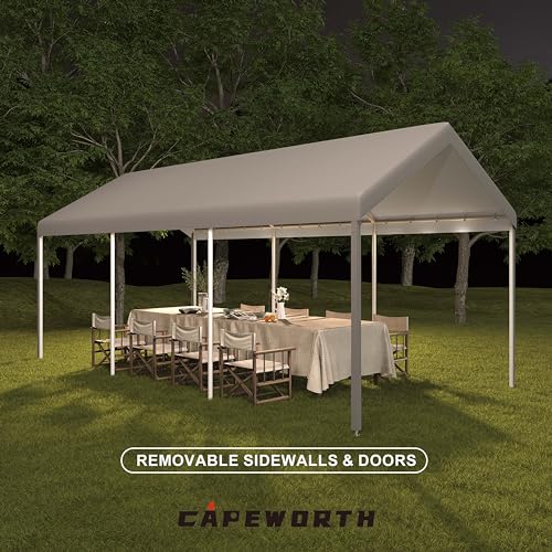 CAPEWORTH Carport,12x20 Heavy Duty Carports, Canopy, Garage, Metal Shed, with 4 Roll-up Ventilated Windows, Outdoor, Storage, Car, Boat,12x20 Grey CAPEWORTH
