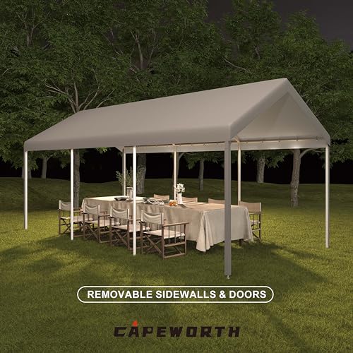 CAPEWORTH Carport,12x20 Heavy Duty Carports, Canopy, Garage, Metal Shed, with 4 Roll-up Ventilated Windows, Outdoor, Storage, Car, Boat,12x20 Grey - WoodArtSupply