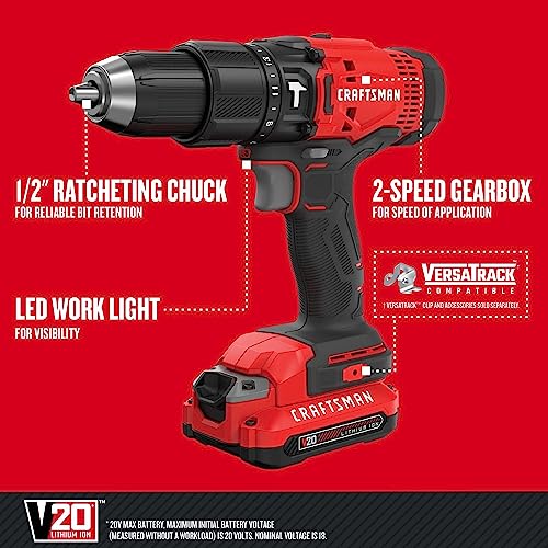 CRAFTSMAN V20 Cordless Hammer Drill, 1/2 inch, Battery & Charger Included (CMCD711D1) - WoodArtSupply