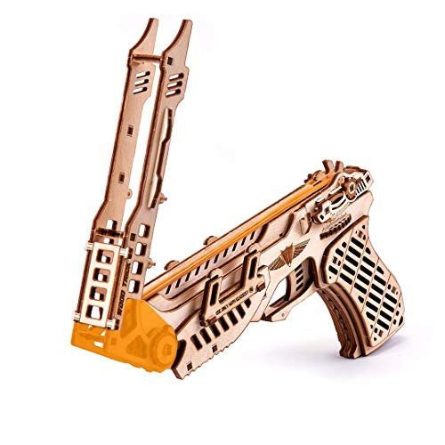 Wood Trick Cyber Gun 3D Wooden Puzzle - Rubber Band Gun Pistol - Shoots up to 20 feet - Wood Model Kit for Adults and Kids to Build - 14+ Wood Trick