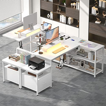 Aheaplus L Shaped Desk with Power Outlet, Standing Home Office Desk with Lift Top and File Drawer, 63'' Corner Computer Desk with Monitor