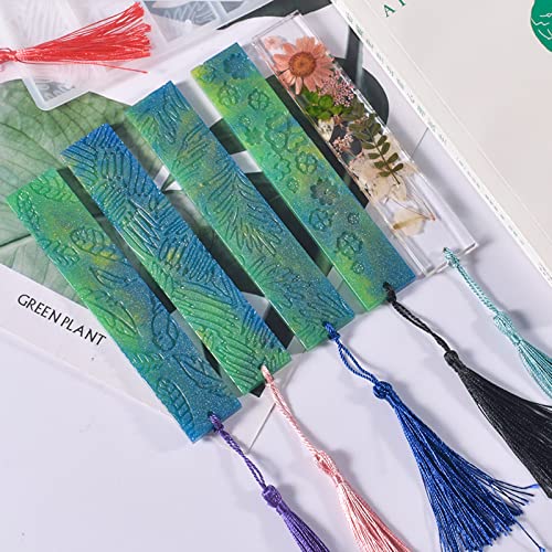 Szecl 10Pcs Resin Bookmark Mold Upgrade Rectangle Bookmark Silicone Mold with 10 Tassel Leaves Texture Flower Shaped Epoxy Resin Casting Mold DIY