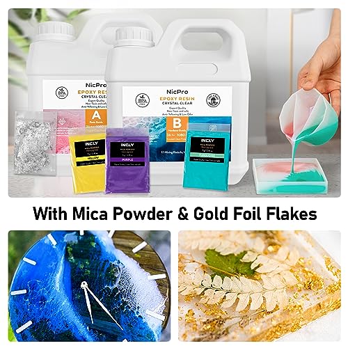 Nicpro 72OZ Crystal Clear Epoxy Resin Kit, Casting and Coating Resin Supplies for Craft Tabletop, Jewelry Making, Molds, Art Painting with 16 Mica Nicpro