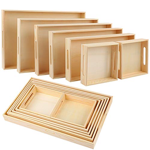 Aodaer 7 Pieces Wooden Nested Serving Trays Rectangular Shape Wood Trays Serving Trays with Handles for Kitchen Party Dinner Snacks Aodaer